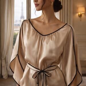 BCBG Max Azria 100% Silk Champagne Kimono Sleeve Blouse Black Trim Tie Waist Top